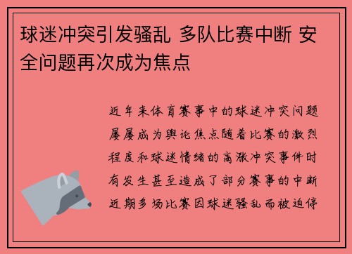 球迷冲突引发骚乱 多队比赛中断 安全问题再次成为焦点