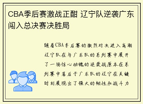 CBA季后赛激战正酣 辽宁队逆袭广东闯入总决赛决胜局